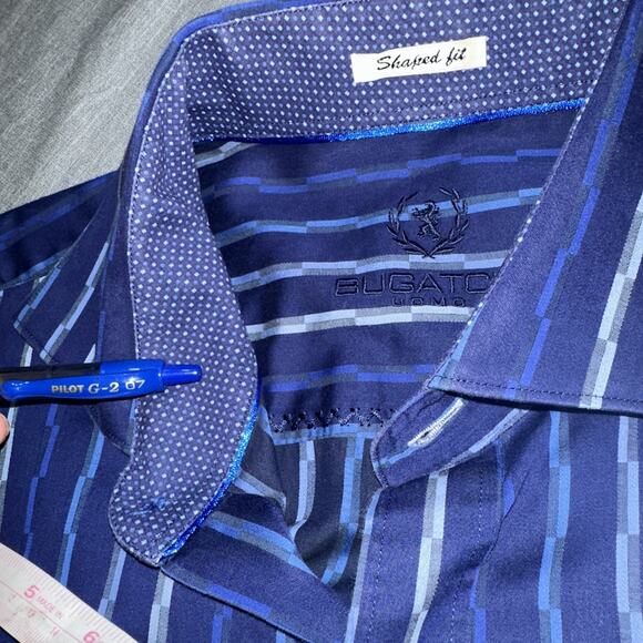 Bugatchi Uomo Men's Dress Shirt Shaped Fit Medium Blue Stripe Pattern - Picture 15 of 16